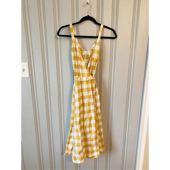 Reformation Beverly Linen Wrap Dress Yellow White Check, Size XS, Deep V Neck 💛 - Picture 8 of 12